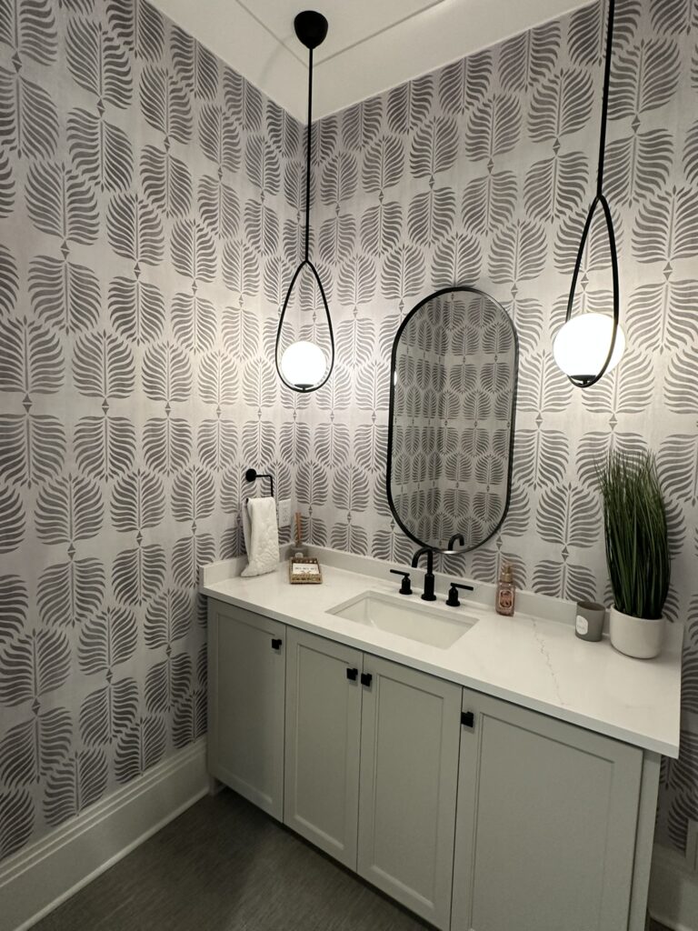 Serena & Lily's Granada wallpaper installed in a bathroom by Eleven Walls